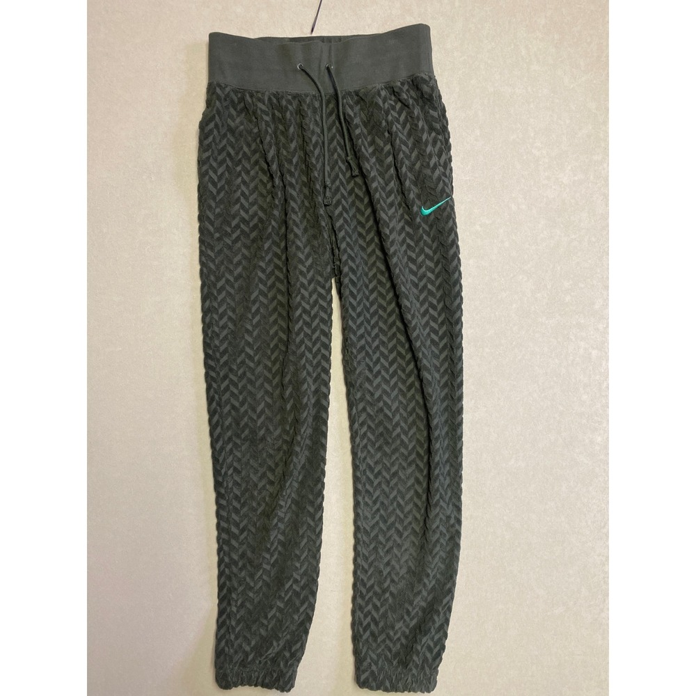 Nike Womens Forest Green Chevron Textured Terry Jogger Pants Teal Swoosh Small
